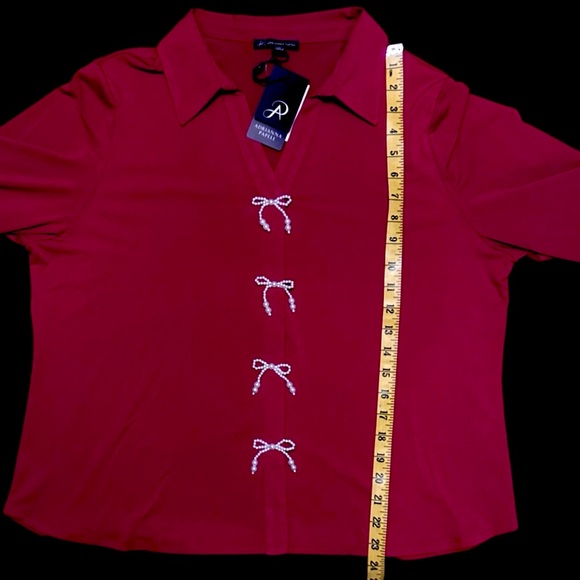 New With Tags Adrianna Papell Pearl Bow V-Neck Blouse‎ - Haute Red XL - Picture 5 of 9